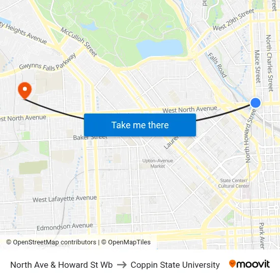 North Ave & Howard St Wb to Coppin State University map