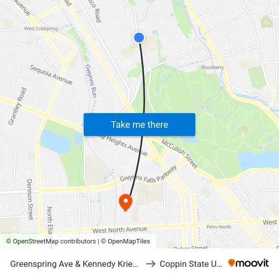 Greenspring Ave & Kennedy Krieger Institute Nb to Coppin State University map