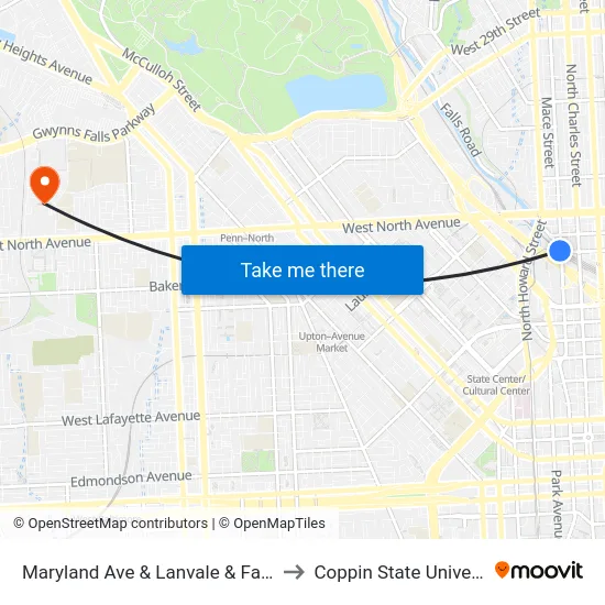 Maryland Ave & Lanvale & Falls FS to Coppin State University map