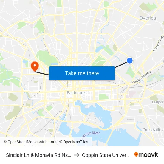 Sinclair Ln & Moravia Rd Ns Eb to Coppin State University map