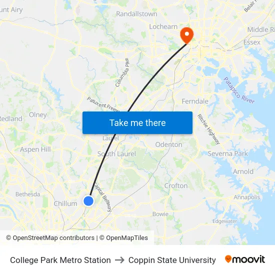 College Park Metro Station to Coppin State University map