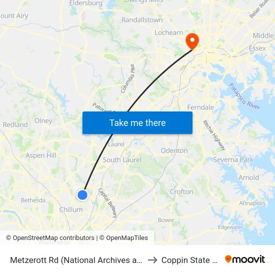 Metzerott Rd (National Archives at College Park) Wb to Coppin State University map