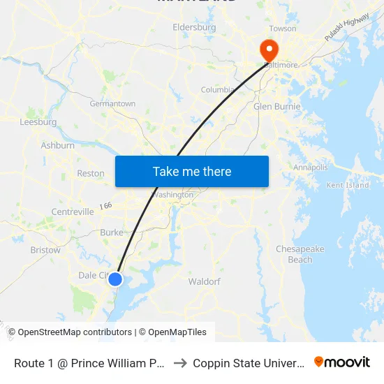 Route 1 @ Prince William Pkwy to Coppin State University map