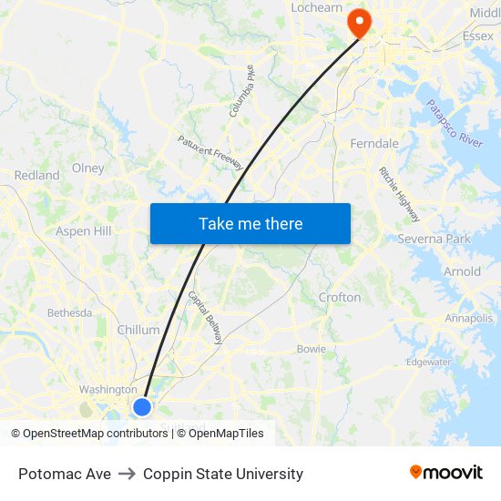 Potomac Ave to Coppin State University map