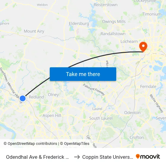 Odendhal Ave & Frederick Ave to Coppin State University map