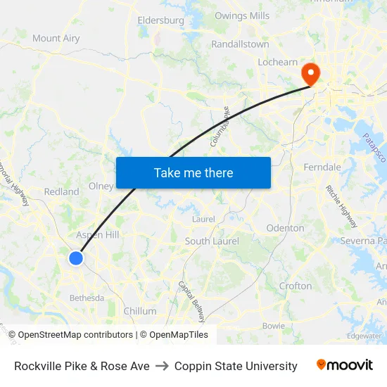 Rockville Pike & Rose Ave to Coppin State University map
