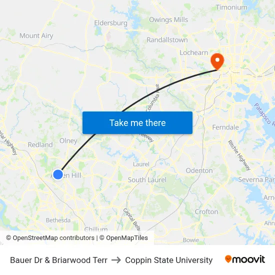 Bauer Dr & Briarwood Terr to Coppin State University map