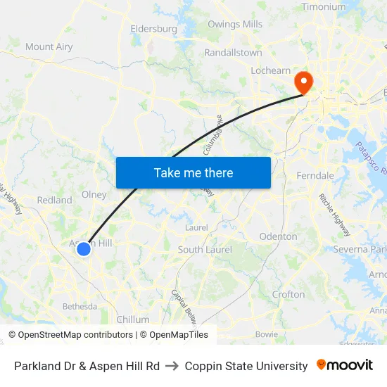 Parkland Dr & Aspen Hill Rd to Coppin State University map