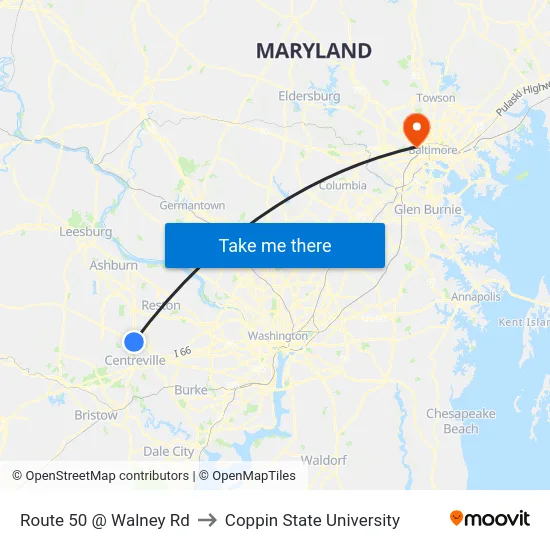 Route 50 @ Walney Rd to Coppin State University map