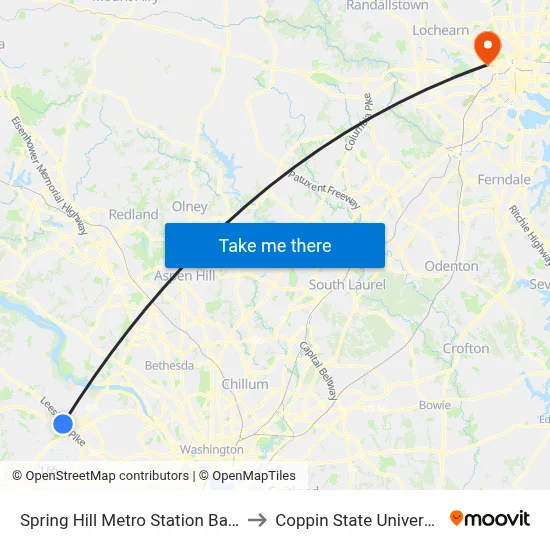 Spring Hill Metro Station Bay C to Coppin State University map