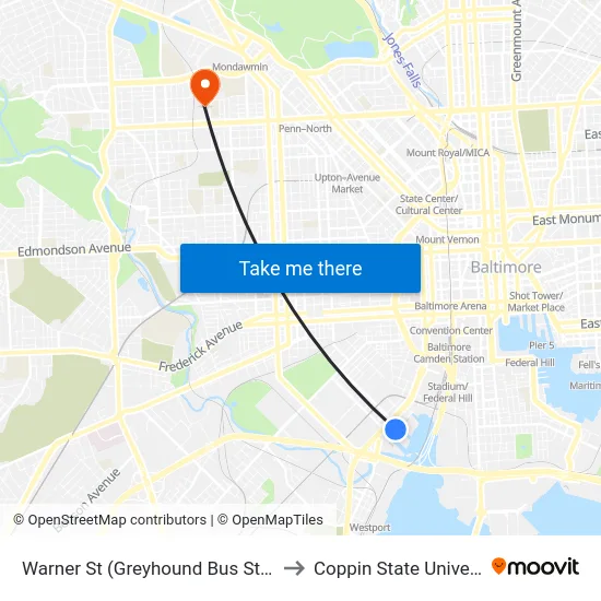 Warner St (Greyhound Bus Station) to Coppin State University map