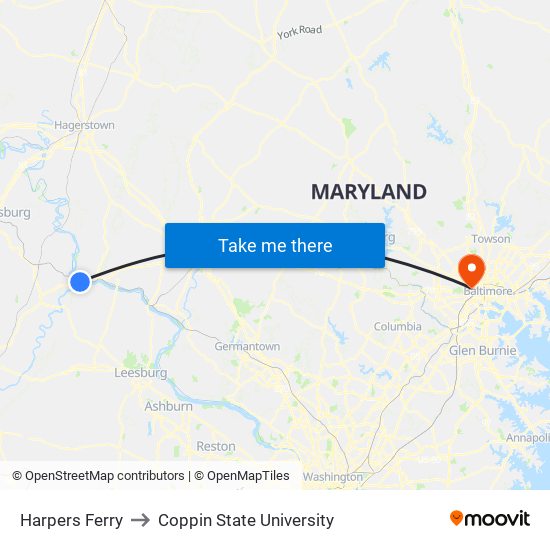 Harpers Ferry to Coppin State University map