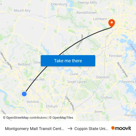 Montgomery Mall Transit Center & Bay B to Coppin State University map