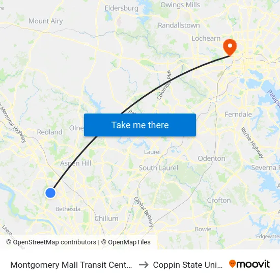 Montgomery Mall Transit Center  & Bay E to Coppin State University map