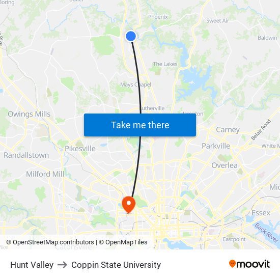 Hunt Valley to Coppin State University map
