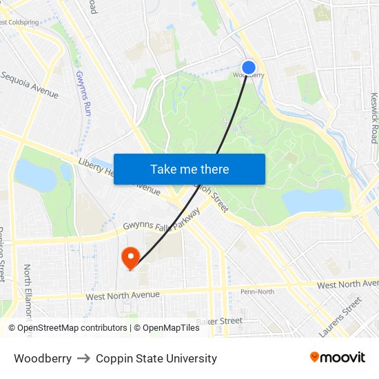 Woodberry to Coppin State University map