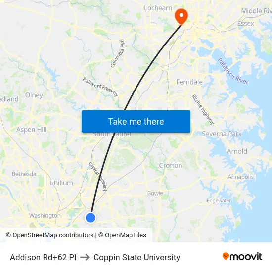 Addison Rd+62 Pl to Coppin State University map