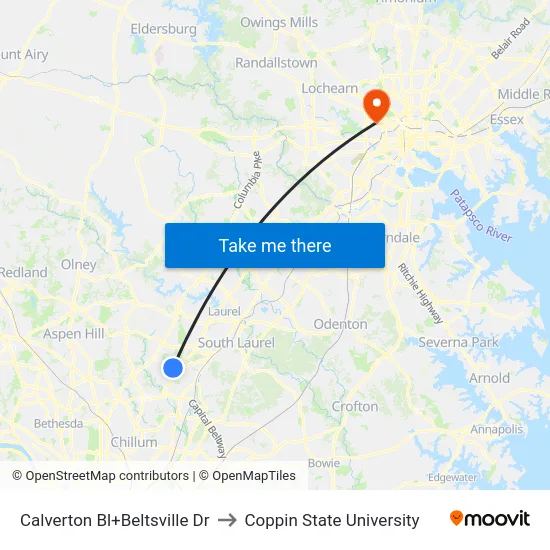 Calverton Bl+Beltsville Dr to Coppin State University map