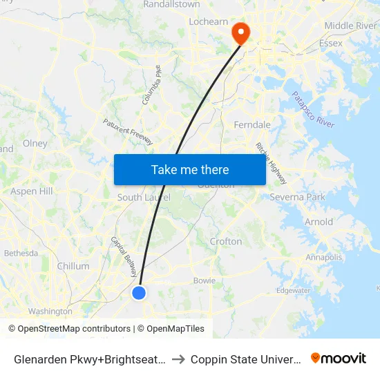 Glenarden Pkwy+Brightseat Rd to Coppin State University map