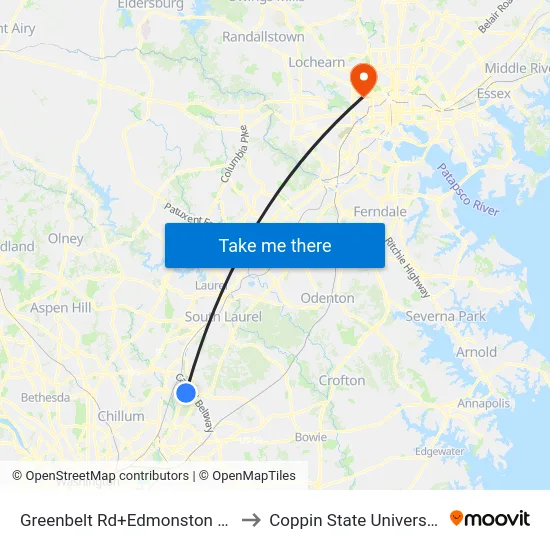 Greenbelt Rd+Edmonston Rd to Coppin State University map