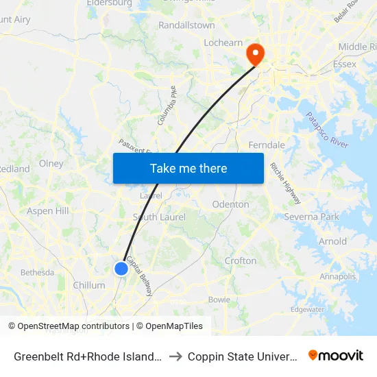 Greenbelt Rd+Rhode Island Av to Coppin State University map