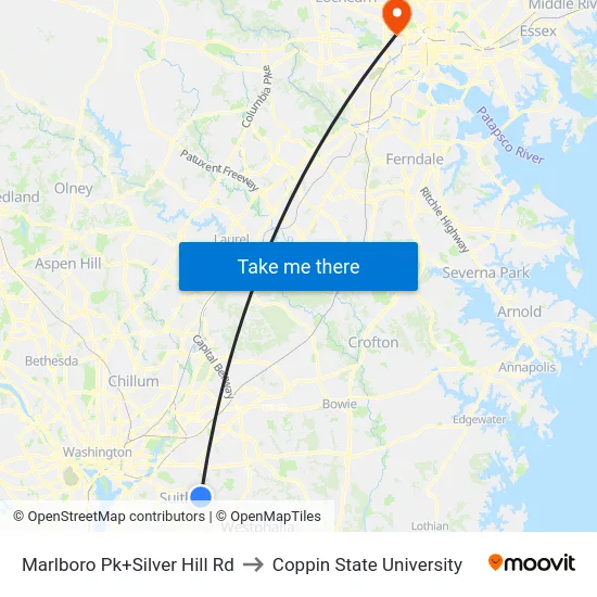 Marlboro Pk+Silver Hill Rd to Coppin State University map