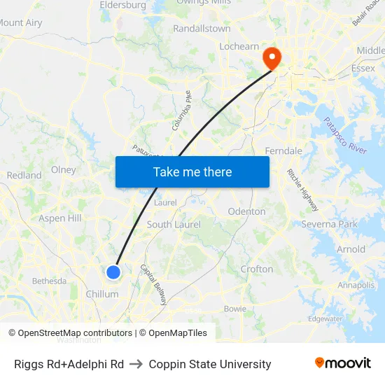 Riggs Rd+Adelphi Rd to Coppin State University map