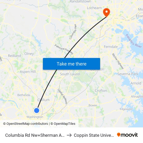 Columbia Rd Nw+Sherman Av NW to Coppin State University map