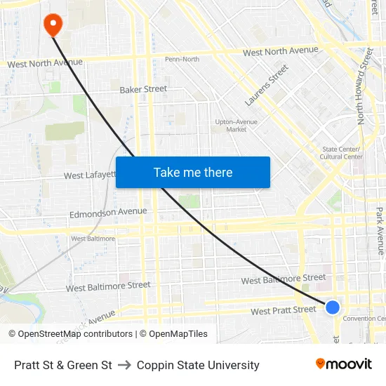Pratt St & Green St to Coppin State University map