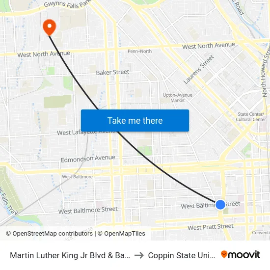 Martin Luther King Jr Blvd & Baltimore St to Coppin State University map