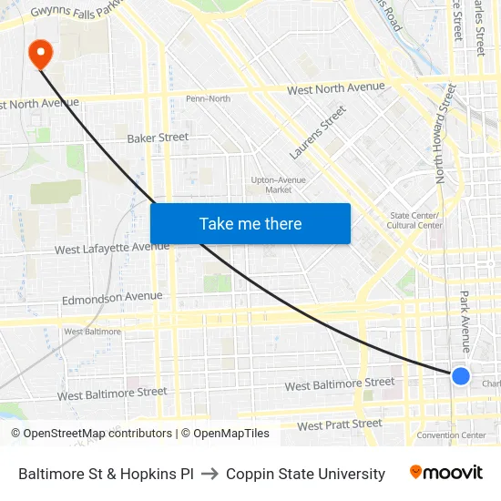 Baltimore St & Hopkins Pl to Coppin State University map