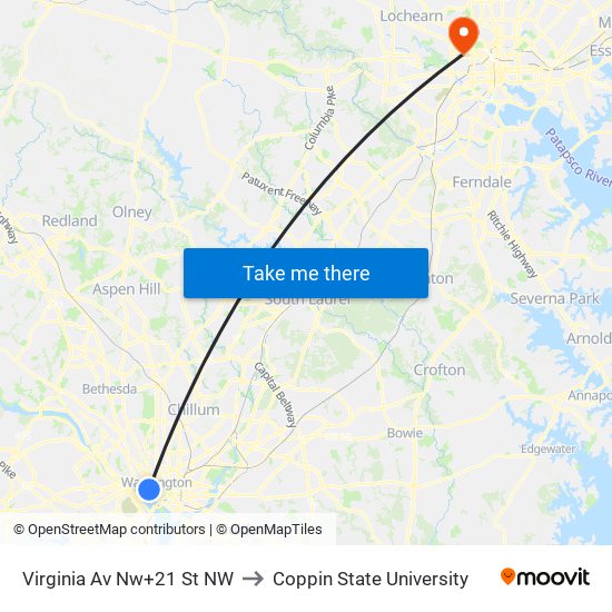 Virginia Av Nw+21 St NW to Coppin State University map