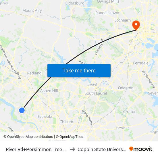 River Rd+Persimmon Tree Rd to Coppin State University map