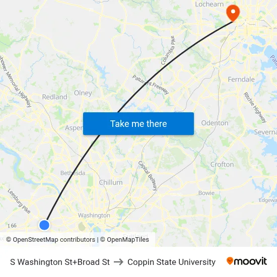 S Washington St+Broad St to Coppin State University map