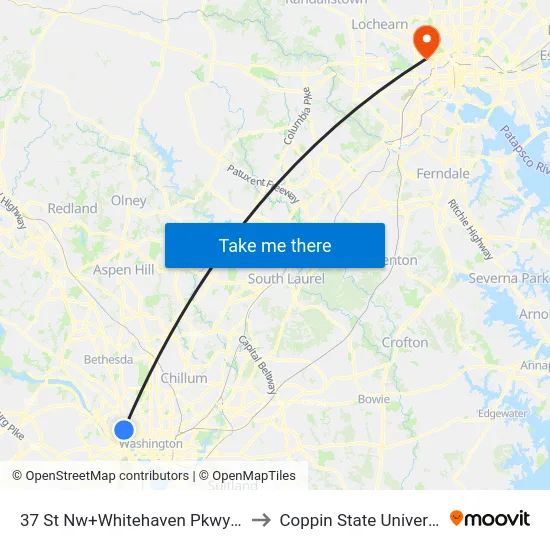 37 St Nw+Whitehaven Pkwy NW to Coppin State University map