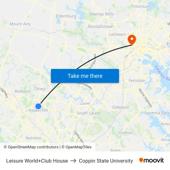 Leisure World+Club House to Coppin State University map