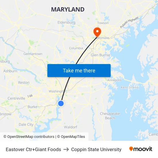 Eastover Ctr+Giant Foods to Coppin State University map