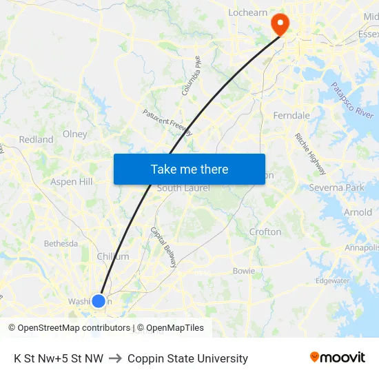 K St Nw+5 St NW to Coppin State University map