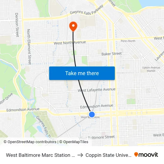West Baltimore Marc Station Bay 3 to Coppin State University map