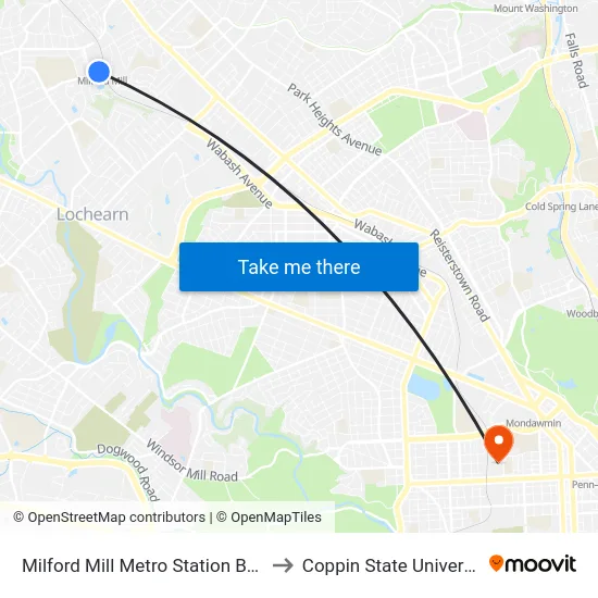 Milford Mill Metro Station Bay 1 to Coppin State University map