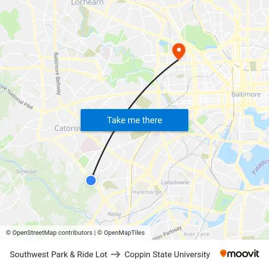 Southwest Park & Ride Lot to Coppin State University map