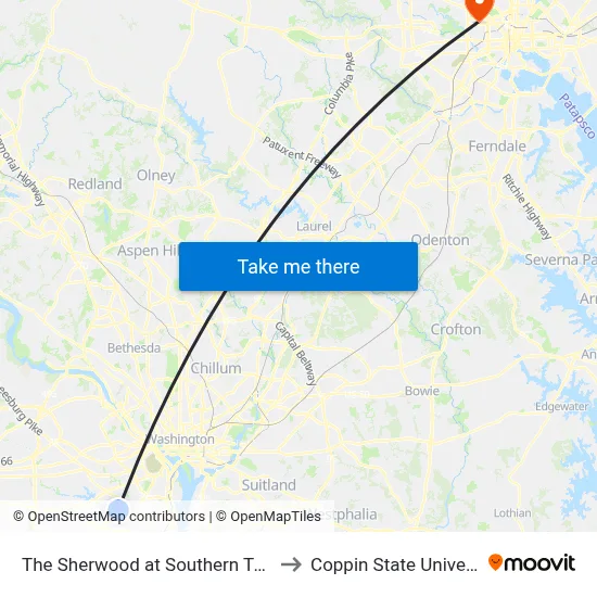The Sherwood at Southern Towers to Coppin State University map