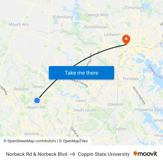 Norbeck Rd & Norbeck Blvd to Coppin State University map