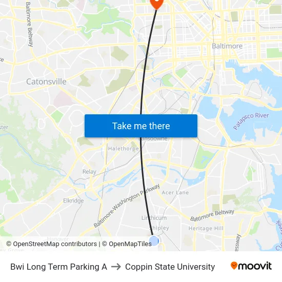 Bwi Long Term Parking A to Coppin State University map