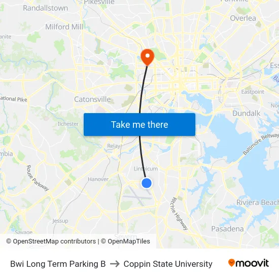 Bwi Long Term Parking B to Coppin State University map