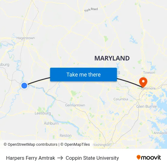 Harpers Ferry Amtrak to Coppin State University map
