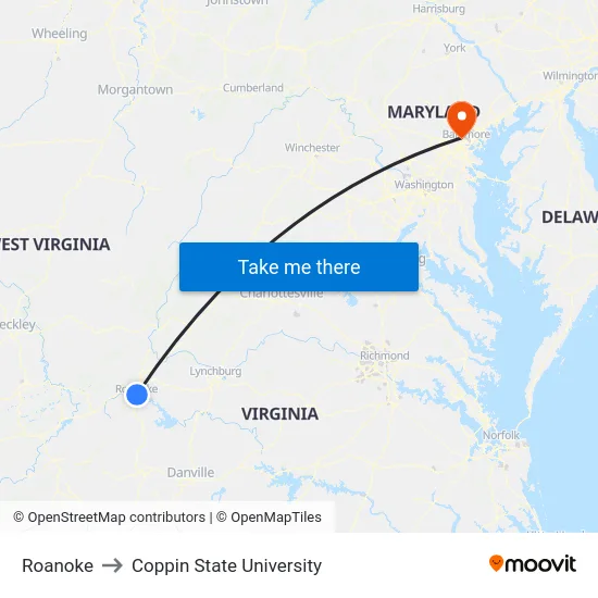 Roanoke to Coppin State University map