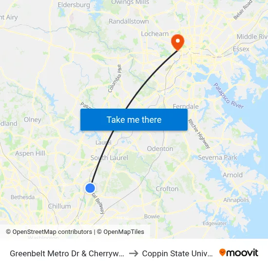 Greenbelt Metro Dr & Cherrywood Ln to Coppin State University map