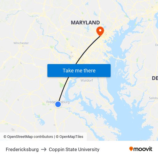 Fredericksburg to Coppin State University map