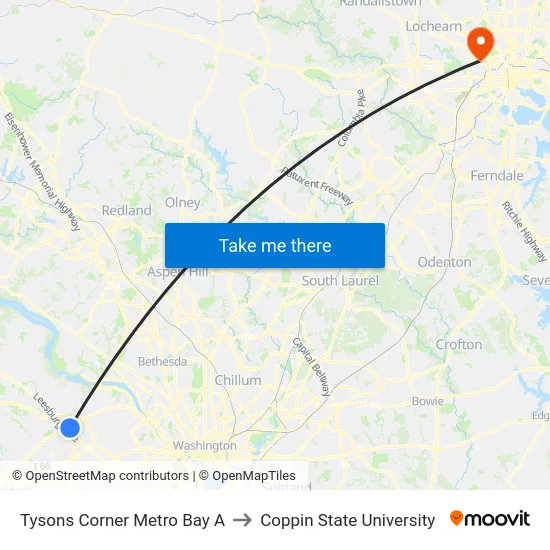 Tysons Corner Metro Bay A to Coppin State University map